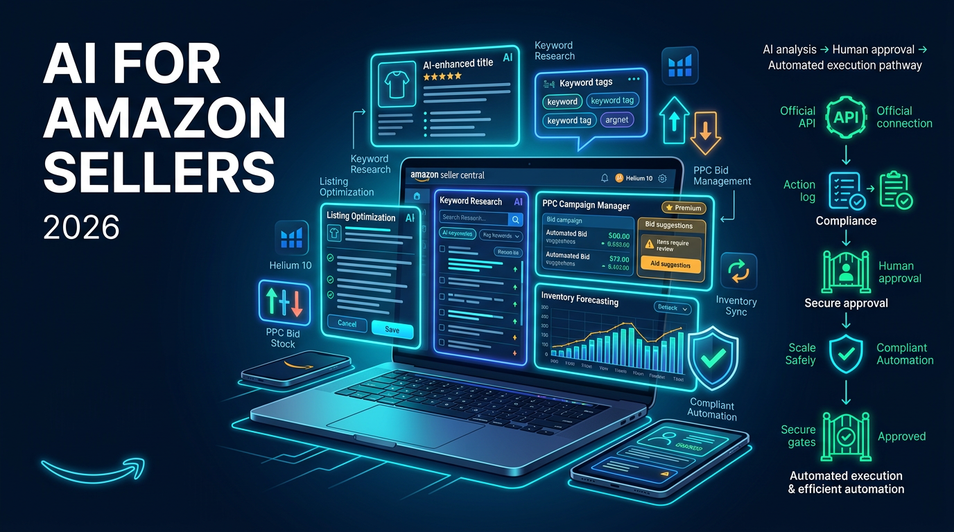 An Amazon seller dashboard with AI-assisted listing and PPC optimization