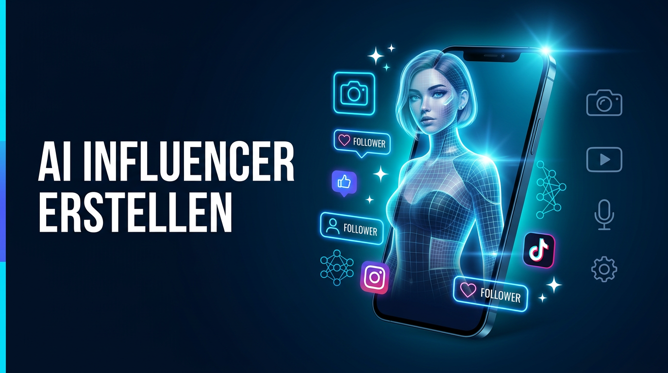 Virtueller, KI-generierter Influencer auf dem Smartphone-Bildschirm, AI Influencer für Unternehmen erstellen