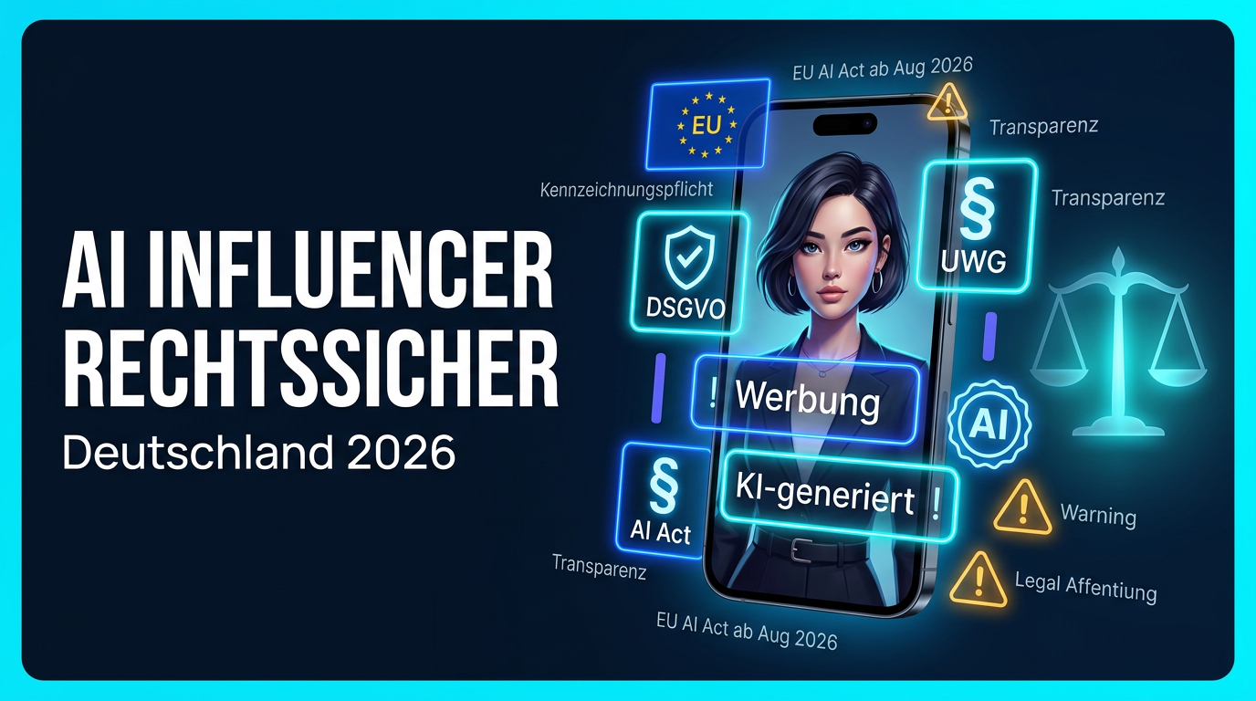 Virtueller KI-Influencer mit Kennzeichnungs-Hinweis auf einem Smartphone