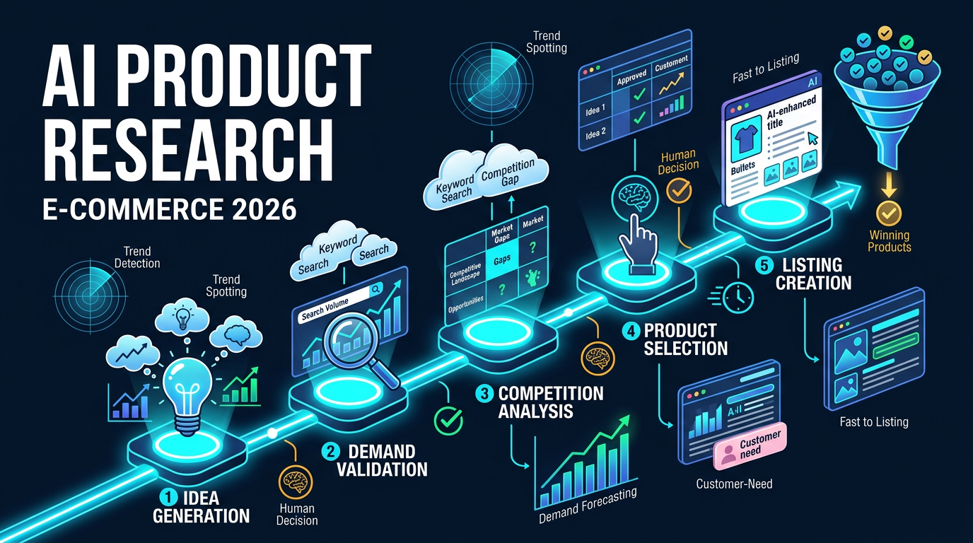 AI assisting with e-commerce product research from idea to listing