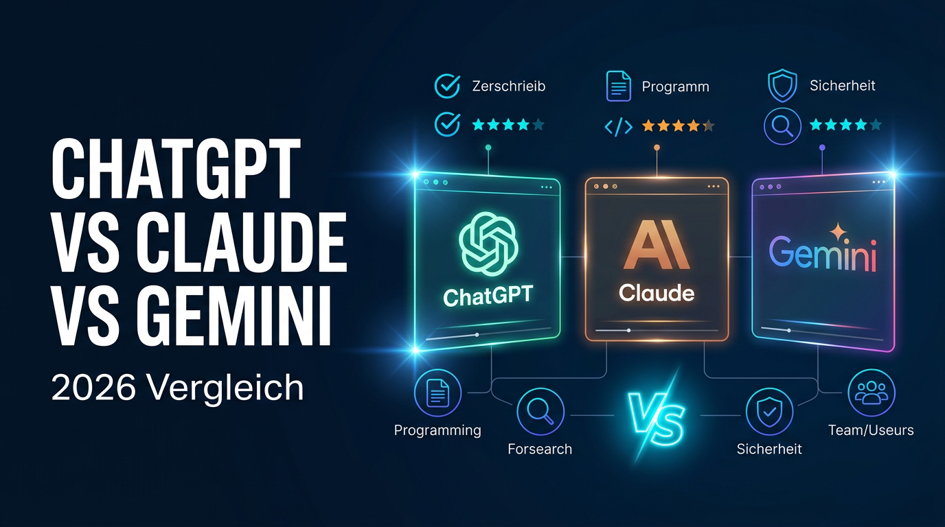Drei KI-Assistenten im Vergleich auf einem Bildschirm, ChatGPT, Claude und Gemini gegenübergestellt