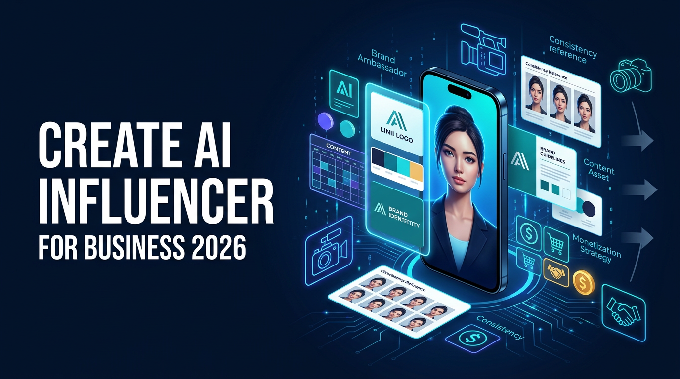A virtual AI influencer displayed on a smartphone next to brand assets