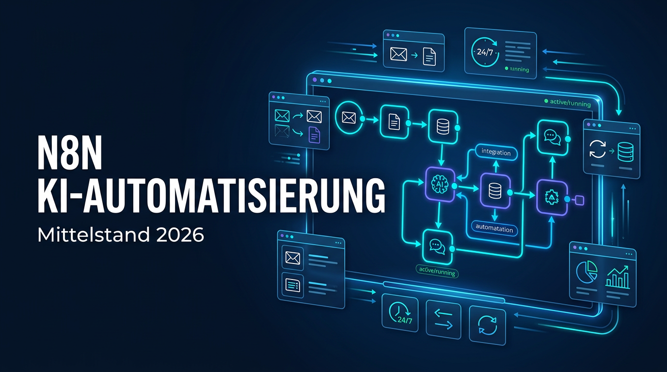 n8n-Workflow-Diagramm mit verknüpften KI-Automatisierungsschritten auf einem Bildschirm