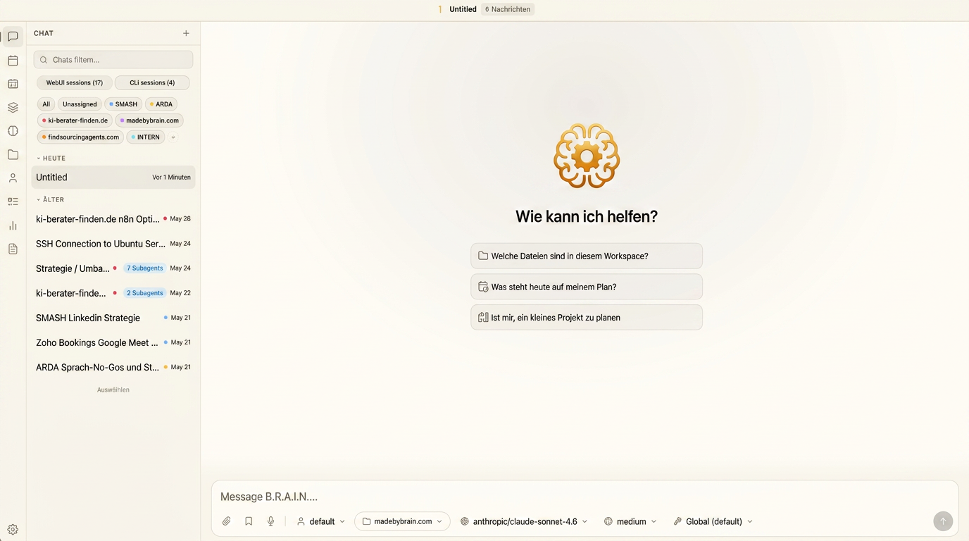 Hermes B.R.A.I.N. AI agent – operations dashboard with expert personas in the Telegram interface